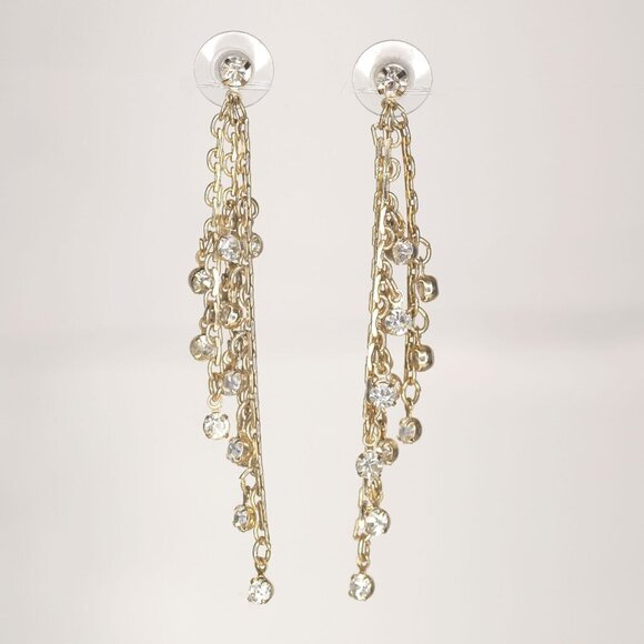 Chain Waterfall Gold Crystal Rhinestone Earrings Gold Metal Dangle Evening - Picture 4 of 7